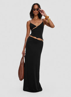 front view of model wearing Princess Polly Allspice Beaded Maxi Dress Black Plunger 