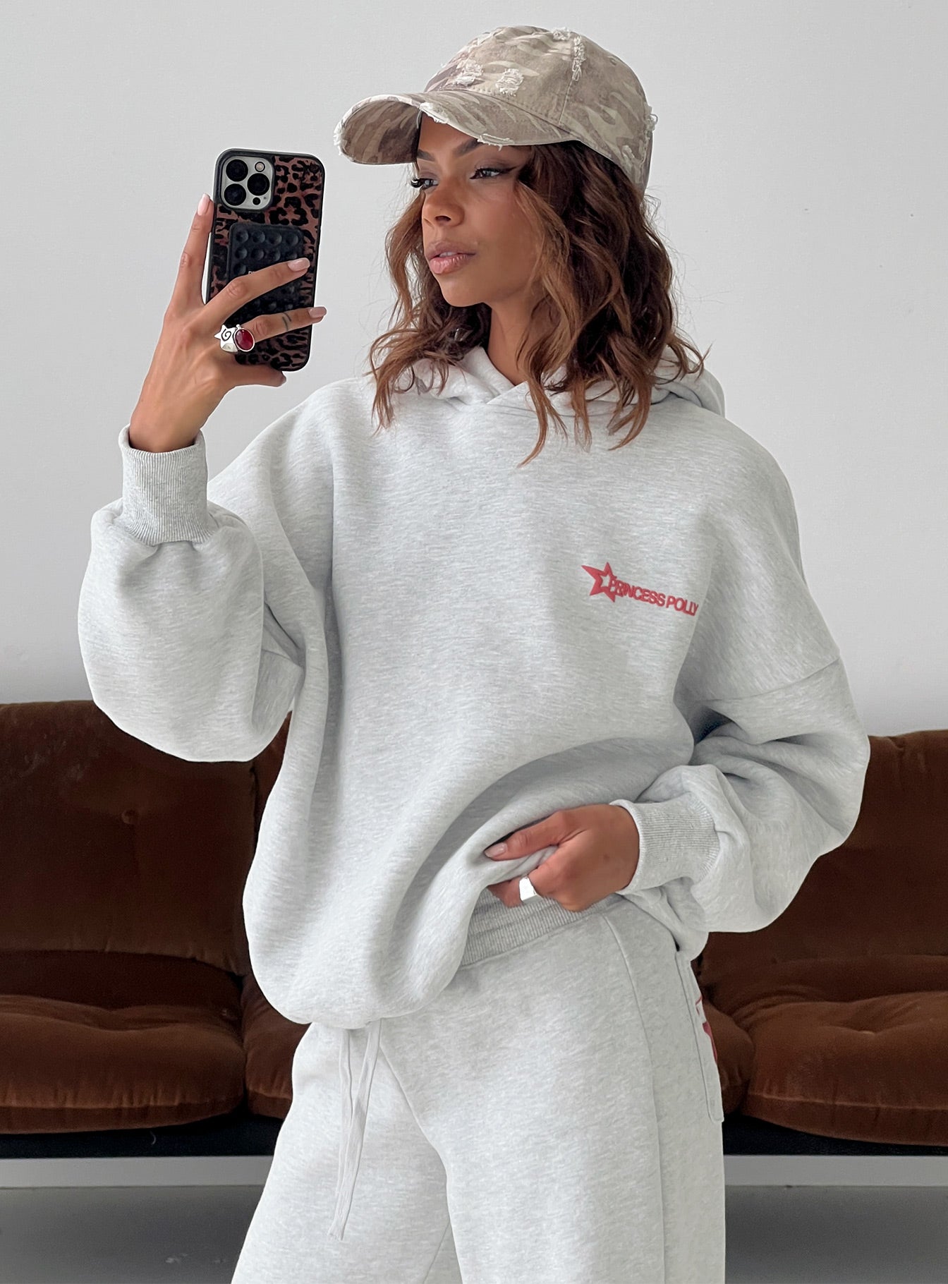 front view of model wearing Princess Polly Princess Polly Stargirl Hoodie Grey Marle 