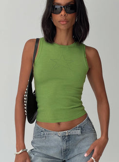 front view of model wearing Princess Polly Girl Almighty Top Green Sleeveless Crew Neck 