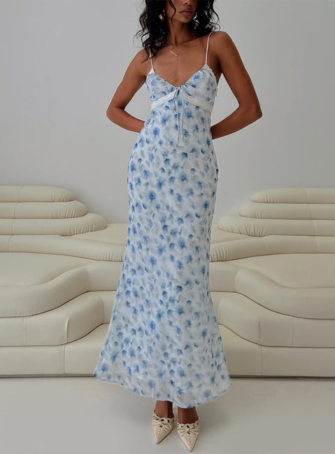 front view of model wearing Princess Polly Emily Maxi Dress Blue Floral V-Neck 