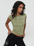 side view of model wearing Princess Polly Musia Cowl Neck Top Green Sleeveless Asymmetric Neckline 