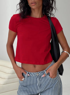 front view of model wearing Princess Polly Micah Tee Red Short Sleeves Crew Neck 