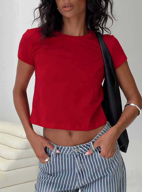 front view of model wearing Princess Polly Micah Tee Red Short Sleeves Crew Neck 