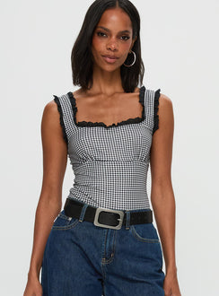 front view of model wearing Princess Polly Trustfund Lace Trim Bodysuit Black / White Check Sleeveless 