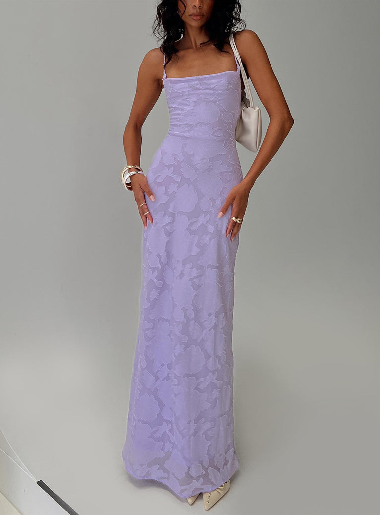 front view of model wearing Princess Polly Celena Maxi Dress Lilac Cowl Neck 