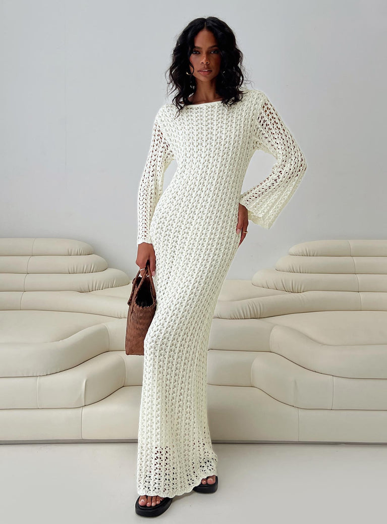 front view of model wearing Princess Polly Westy Knit Maxi Dress Cream Boat Neck 