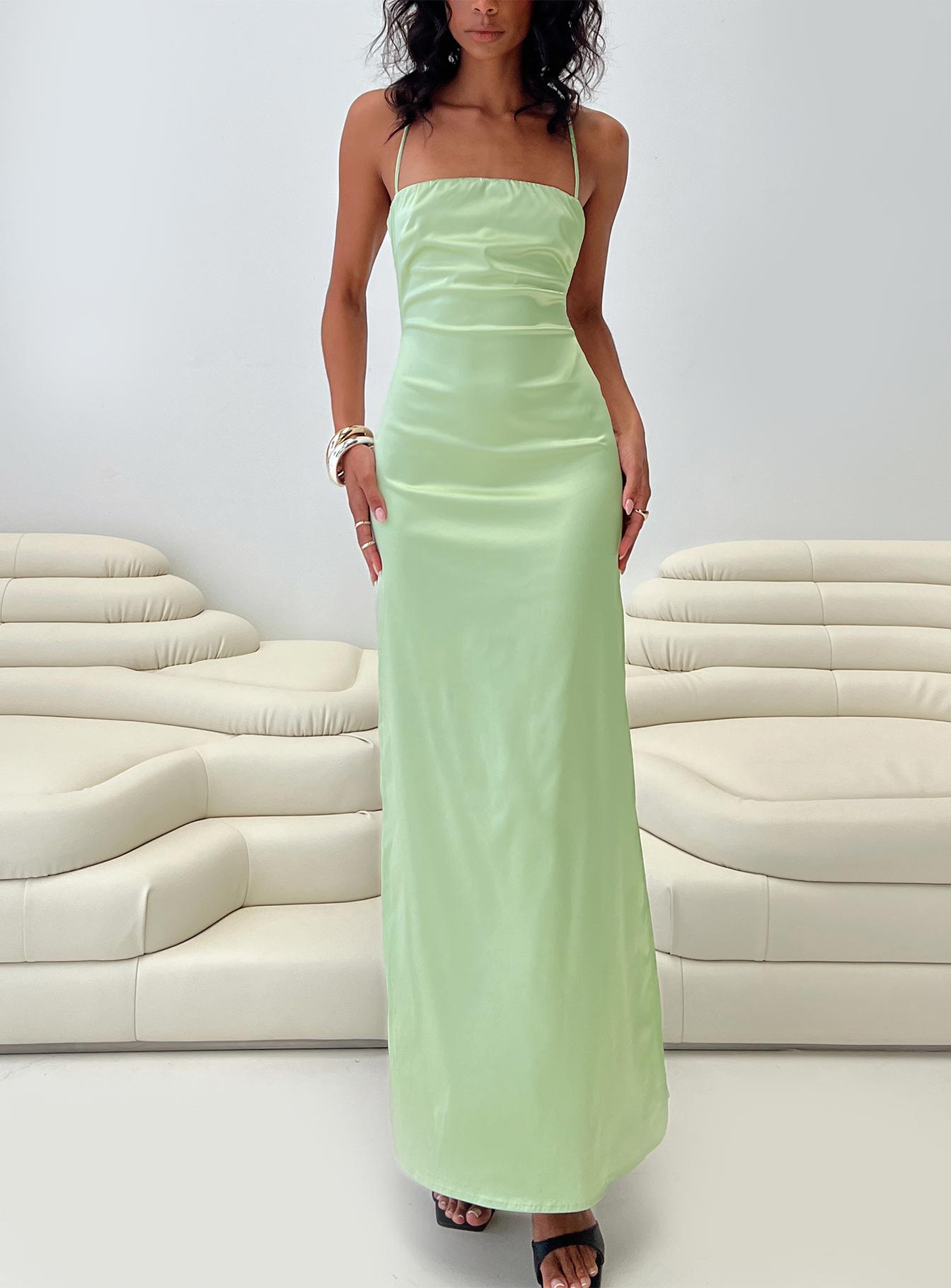 front view of model wearing Princess Polly Roselyn Maxi Dress Sage Square Neck 