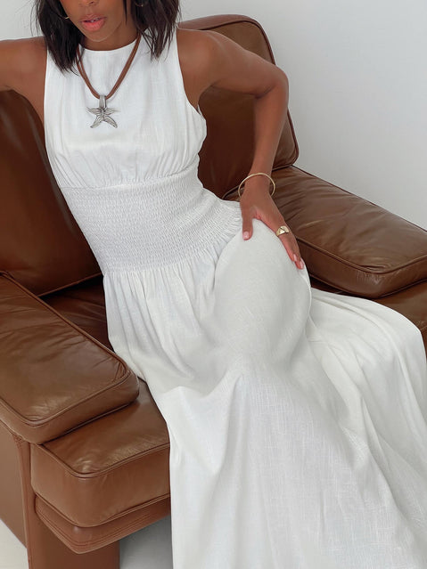 side view of model wearing Princess Polly Lilienne Shirred Maxi Dress White Crew Neck 