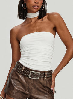 back view of model wearing Princess Polly Sorelle Scarf Bodysuit White Sleeveless 