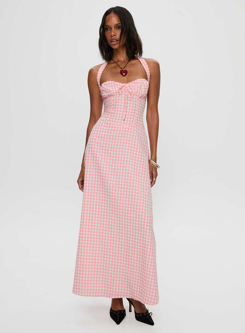 front view of model wearing Princess Polly Lucky For You Halter Maxi Dress Multi Sweetheart Neckline 