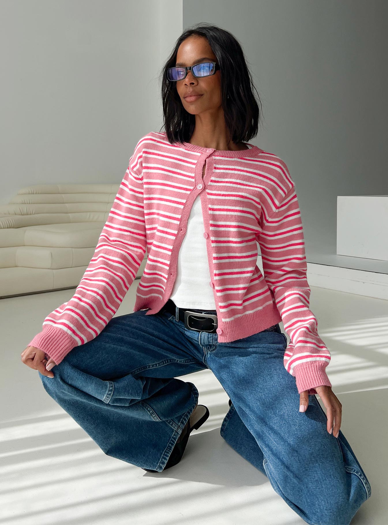front view of model wearing Princess Polly Heavenly Dream Cardigan Pink Stripe Cropped 