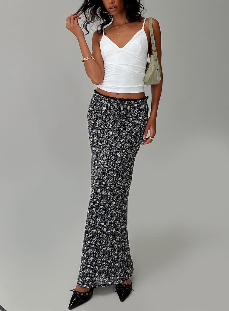   front view of model wearing Princess Polly Emily Maxi Skirt Blue / Black Floral Maxi 