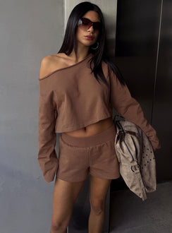front view of model wearing Princess Polly Retreat Raw Edge Off Shoulder Jumper Cocoa cropped 