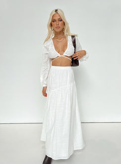 White matching set Long sleeve top Plunging neckline Adjustable coverage Tie fastening Maxi skirt Thick elasticated waistband Tiered skirt