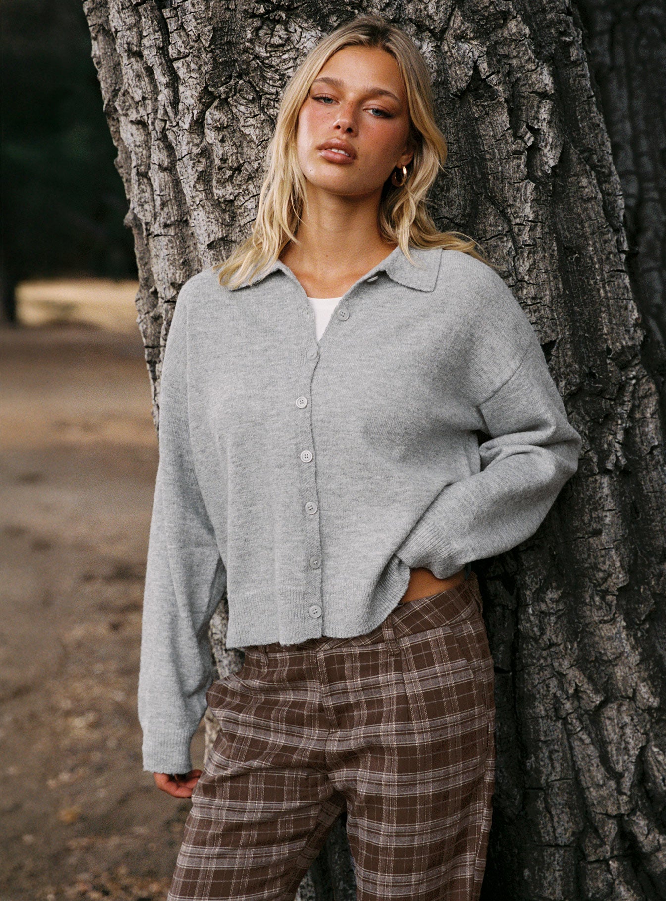 front view of model wearing Princess Polly Nadyna Collared Cardigan Grey Marle 