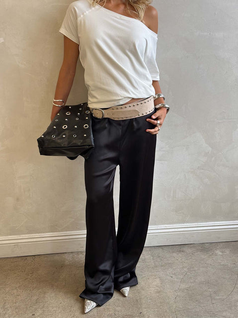 back view of model wearing Princess Polly Soulstar Satin Pants Black High Rise Pants 