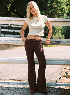 side view of model wearing Princess Polly Final Shot Faux Suede Pants Brown Low Rise Pants 