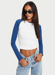 Front view of model wearing  front Princess Polly Full Sleeves High Neck  Markey Long Sleeve Top White / Blue