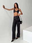 Black Matching satin set Crop top, shirred back, invisible zip fastening at side, fixed shoulder straps High-rise pants, elasticated waistband, wide leg, zip and button fastening