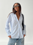 Blue and white Long sleeve striped shirt Classic collar, single chest pocket, curved hem, button fastening at front, single button cuff 