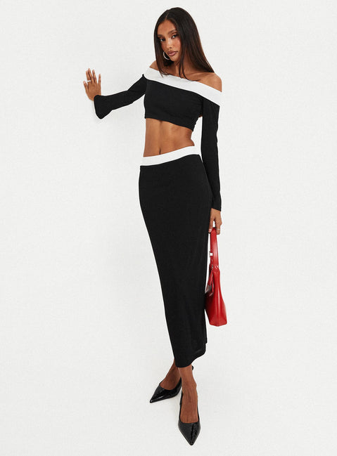 Matching Set Off-the-shoulder long-sleeve top, folded neckline, contrast white bust Elasticated neckline Lined body, good stretch  Slim fitting, midi length skirt, contrast white waistband Elasticated waistband