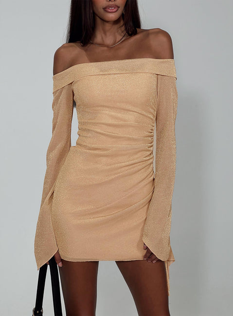 product Princess Polly Asymmetric Neckline  Villar Off The Shoulder Mini Dress Gold