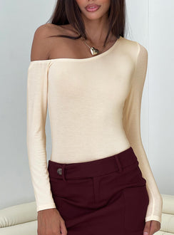 front view of model wearing Princess Polly Fruelle Off The Shoulder Bodysuit Cream Full Sleeves Asymmetric Neckline 