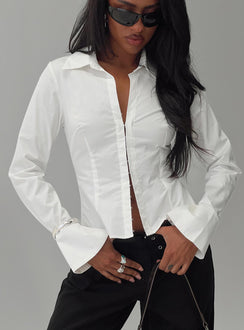 front view of model wearing Princess Polly By The Phone Long Sleeve Collared Top White Full Sleeves V-Neck 