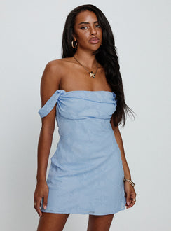 front view of model wearing Princess Polly Zabbarra Off The Shoulder Mini Dress Blue Straight Neck 
