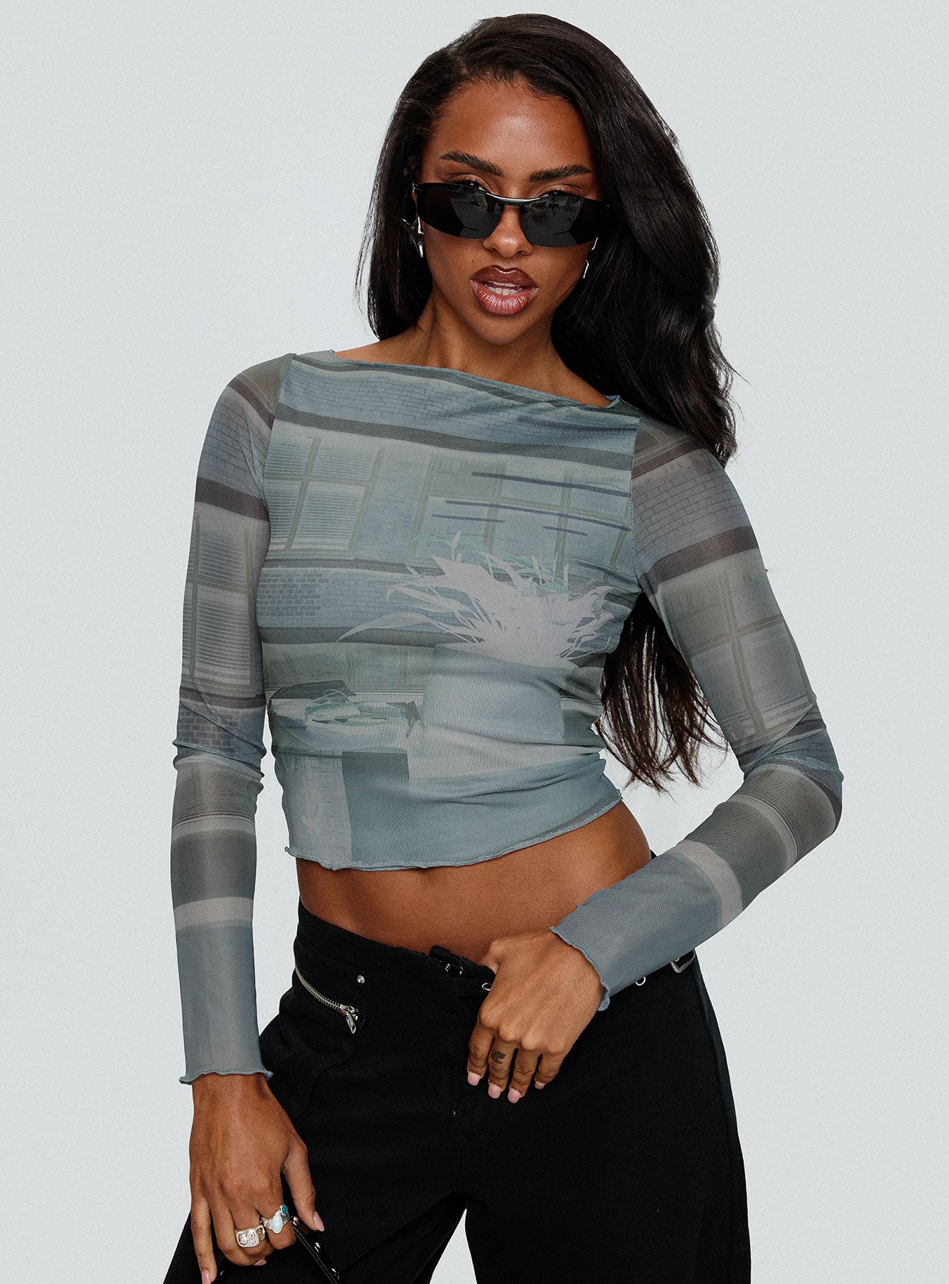 front view of model wearing Princess Polly Armali Top Multi Full Sleeves Boat Neck 