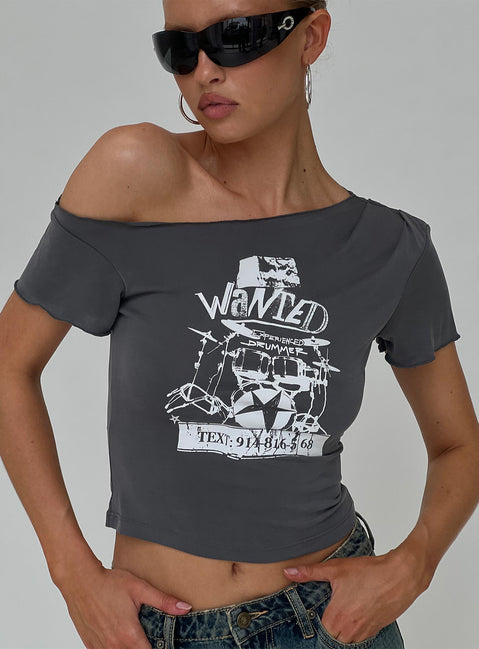 front view of model wearing Princess Polly Star Wanted Asymmetrical Tee Grey Short Sleeves Asymmetric Neckline 