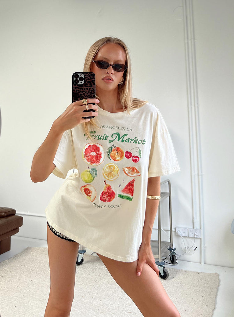 side view of model wearing Princess Polly Fruit Market Oversized Tee White Half Sleeves Crew Neck 