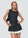 front view of model wearing Princess Polly Players Pleat Mini Dress Charcoal Crew Neck 