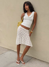 Style this Elphie Sheer Lace Midi Skirt White womens-skirts featuring midi length front view of model wearing Princess Polly