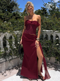   front view of model wearing Princess Polly Hollian Draped Maxi Skirt Wine Maxi Skirts 
