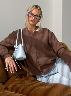 front view of model wearing Princess Polly Melancholia Cardigan Chocolate Longline Jumpers 