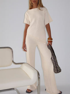 front view of model wearing Princess Polly Calisse Knit Wide Leg Pants Beige High Rise Pants 