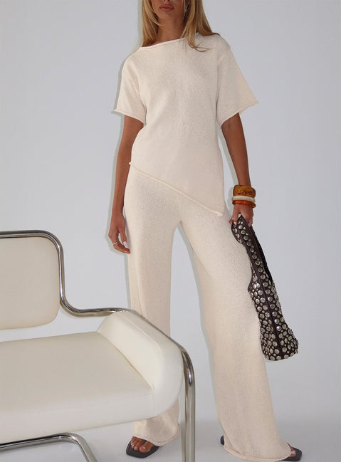 front view of model wearing Princess Polly Calisse Knit Wide Leg Pants Beige High Rise Pants 
