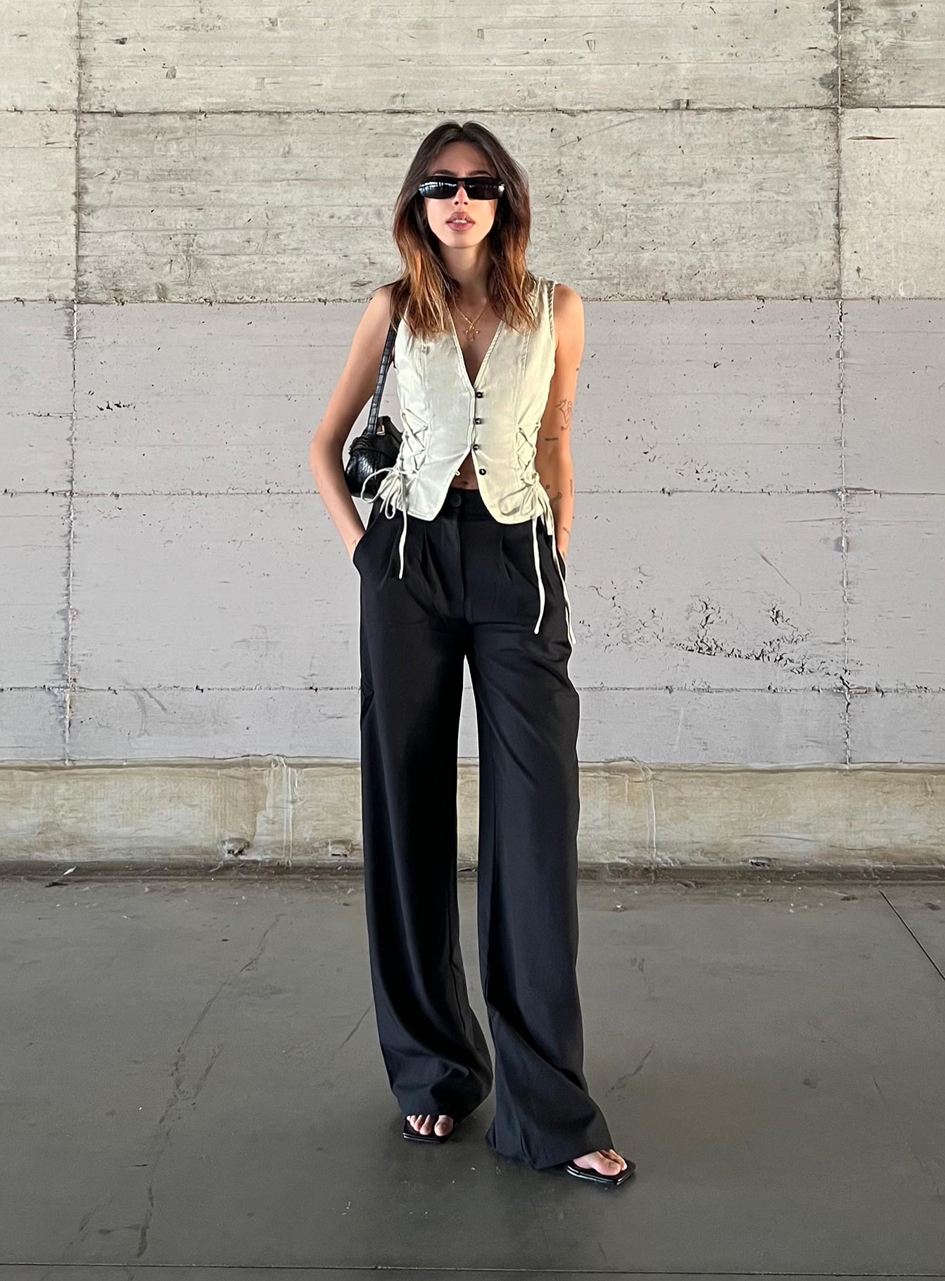 Front view of model wearing  front Princess Polly High Waisted Pants  Archer Pants Black Lower Impact