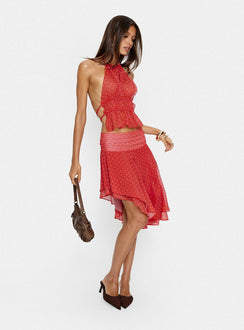   front view of model wearing Princess Polly Legacy Midi Skirt Tomato Polka 