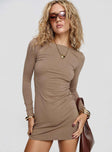 front view of model wearing Princess Polly Lex Long Sleeve Mini Dress Olive Crew Neck 