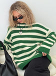 back view of model wearing Princess Polly Brando Knit Sweater Green / Cream Stripe Long 