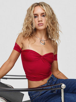 front view of model wearing Princess Polly Larisha Off The Shoulder Top Red Short Sleeves Sweetheart 