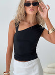 front view of model wearing Princess Polly Ander Top Black Sleeveless Asymmetric Neckline 