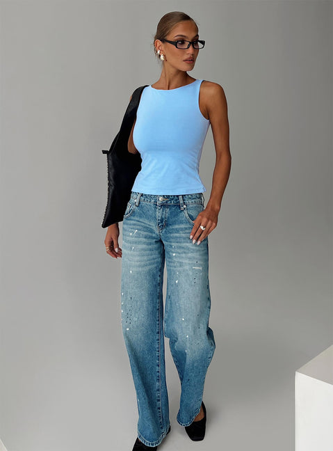 front view of model wearing Princess Polly Picasso Straight Leg Jean Mid Blue Mid Rise 