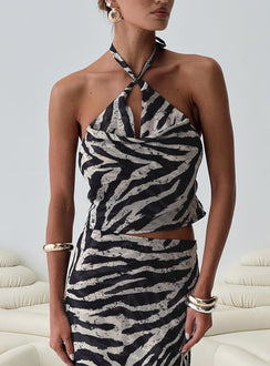 front view of model wearing Princess Polly Eleganza Top Zebra Sleeveless Cowl 