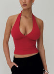 front view of model wearing Princess Polly Whimsy Halter Top Red Sleeveless Plunger 