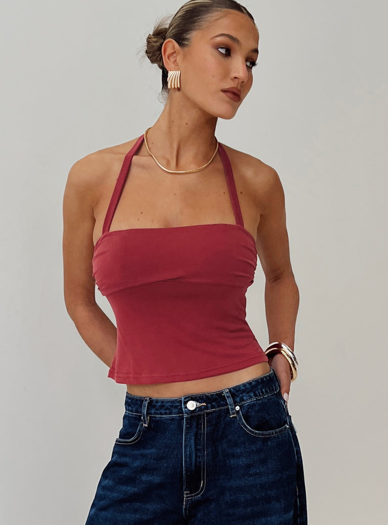 front view of model wearing Princess Polly Nexus Top Red Sleeveless Square Neck 