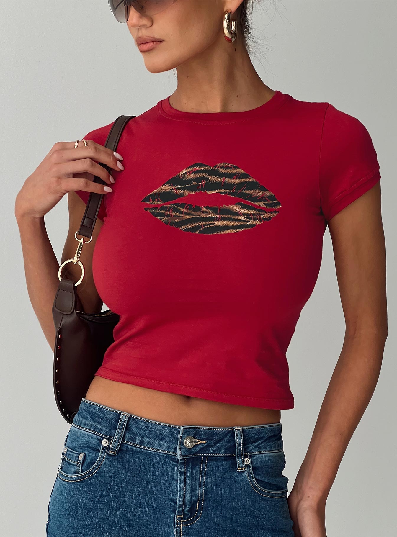 front view of model wearing Princess Polly Sutin Tee Red Short Sleeves Crew Neck 