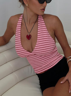front view of model wearing Princess Polly Whimsy Halter Top Pink / Red Stripe Sleeveless Plunger 